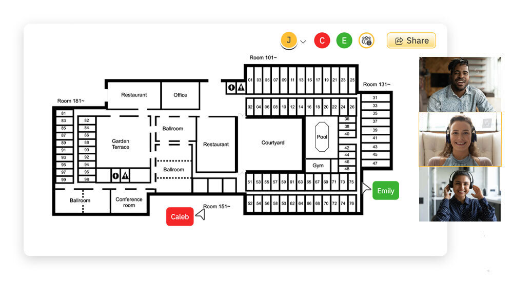 Team collaborating on construction floor plan